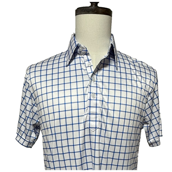 Collars & Co. Shirt Mens Medium White Blue Polo Grid Check Stretch Golf Preppy - Picture 1 of 9